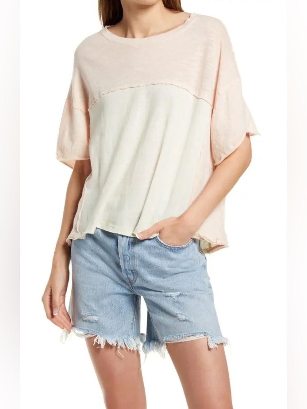 Free People Two-Tone Short Sleeve Tee in Pale Pink and Cream